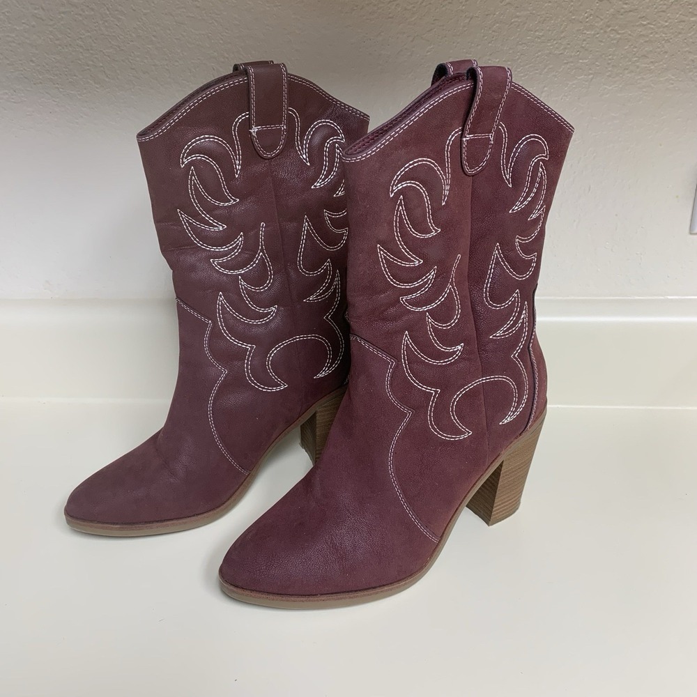 The Pioneer Woman Embroidered MidCalf Heeled Cowboy Boots W 8 Wine Zadey Cowgirl